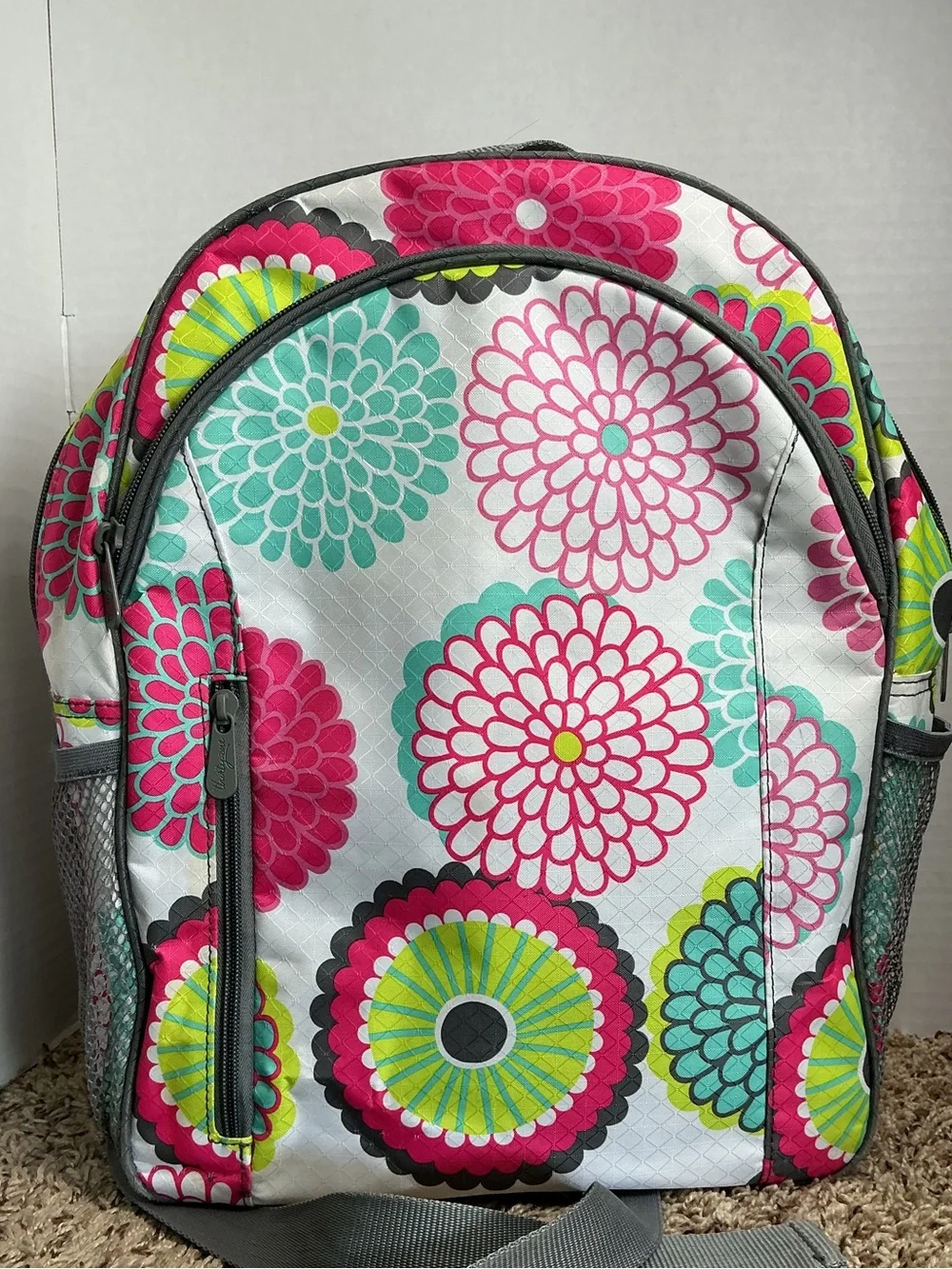 Thirty One Hostess Exclusive Backpack Bubble Bloom Floral Pink White & Teal EUC